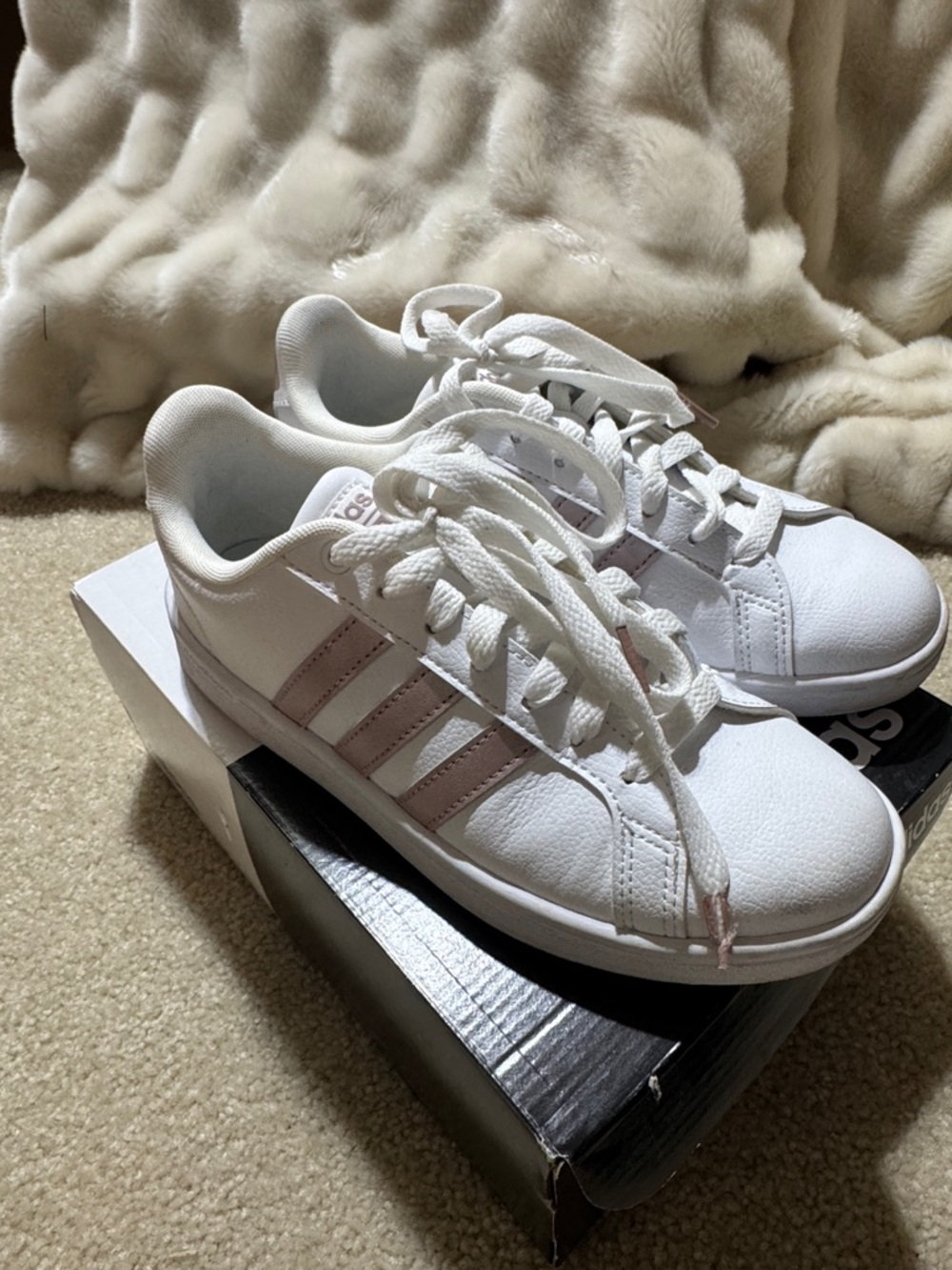 adidas White Sneakers with Light Pink Stripes - Women's Casual Trainers
